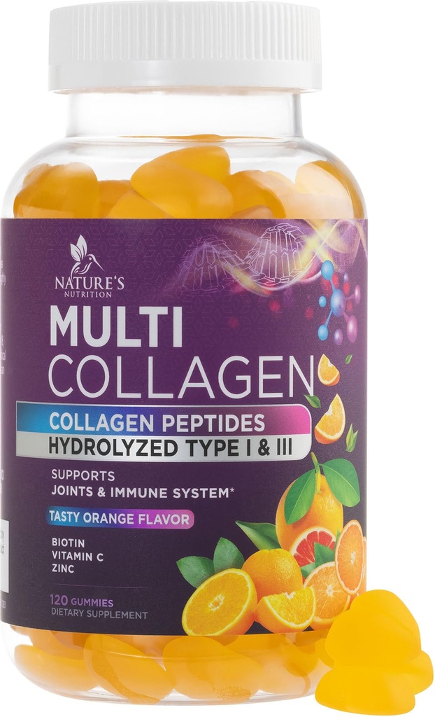 Collagen Peptide Gummie mit 2500 mcg Biotin - hydrolysiertes Protein Typ I & III Multi Collagen Supplement mit Vitamin C & Zink - Unterstützung für Haar, Haut, Nägel, Tasty Orange Flavor - 120 Gummie