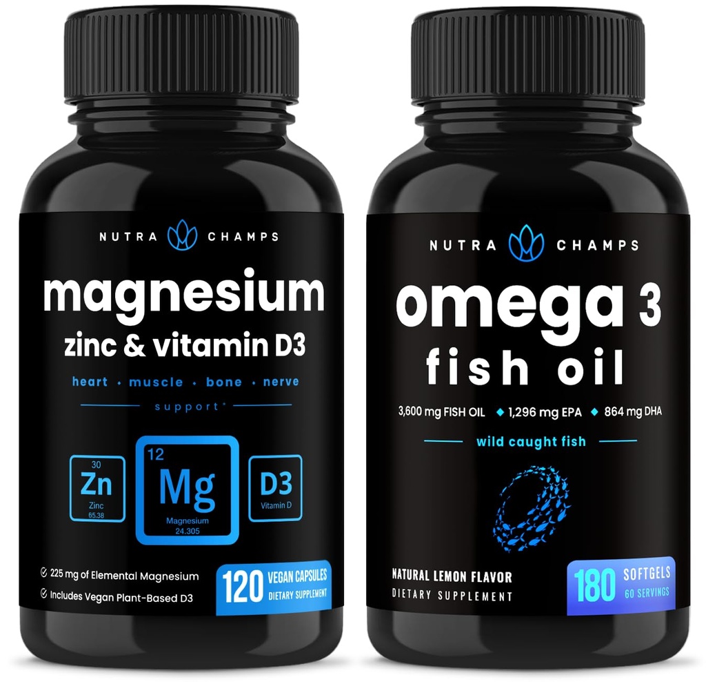 NutraChamps Magnesium Zink & Vitamin D3 Kapseln und Omega 3 Fischöl Kapseln 2 Packung Bundle