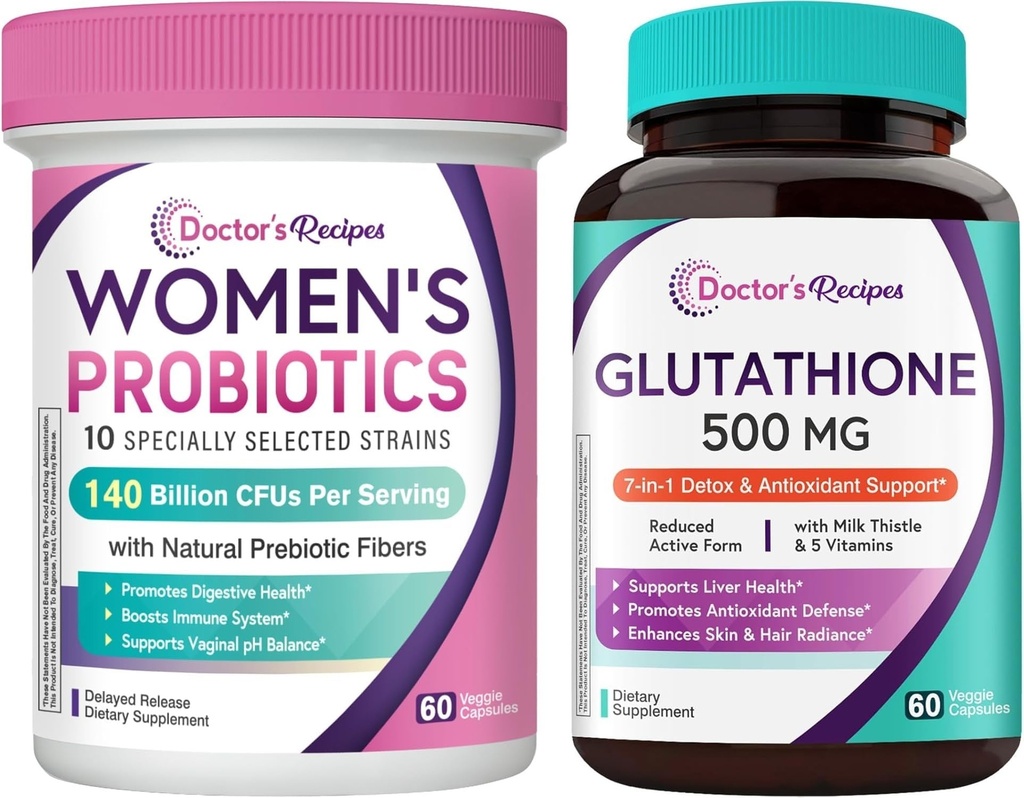 Doctor's Recipes Value Bundle (120 Capsules): Glutathione with Milk Thistle + 140B Women's Probiotic with Organic Prebiotics