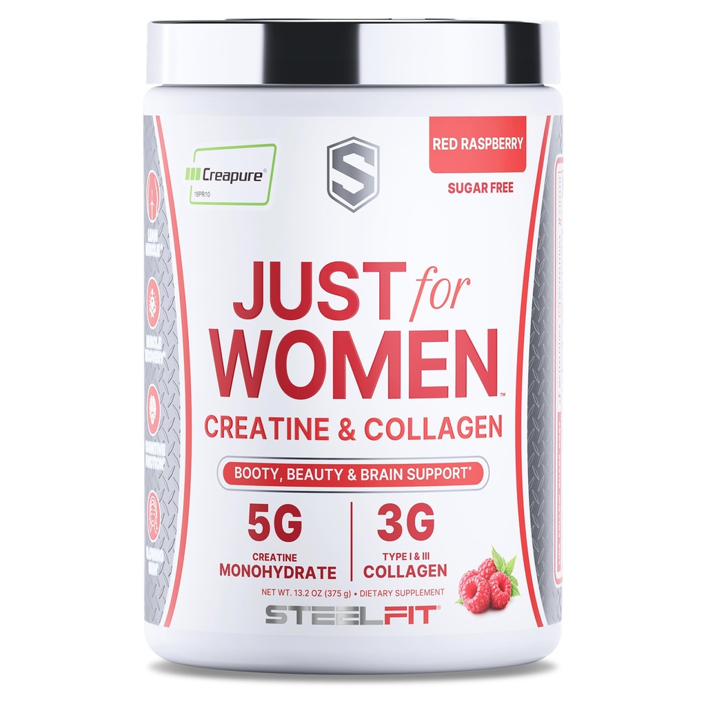 SteelFit Just for Women, Creatine Monohydrate & Collagen Peptides Powder | 5g Creapure Creatine & 3g Grass-Fed Collagen - Lean Muscle Growth & Healthy Hair, Skin, & Nails - Red Raspberry, 30 Servings