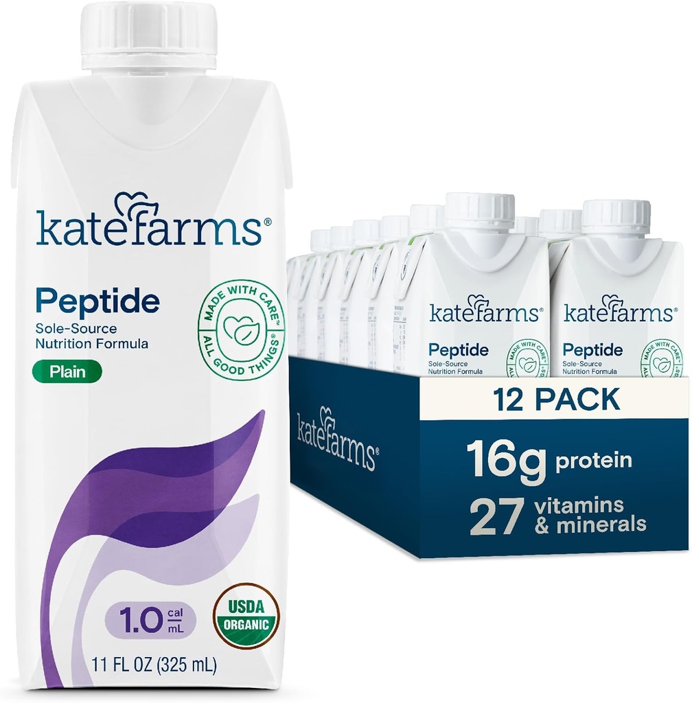 KATE FARMS Organic Adult Peptide 1.0 Formel, Plain, Sole-Source, Hydrolysed Plant-Based Nutrition for Oral or Tube Feeding, 11 Fl oz (12 Pack)