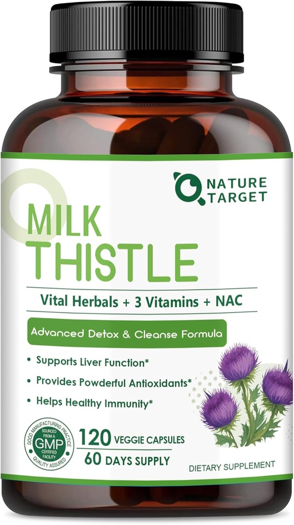 NATURE TARGET Milchdistel-Ergänzung für Leberreiniger Detox & Repair, Support-Ergänzung mit 350 mg 30:1 Milchdistelextrakt entspricht 10500mg, 120 Veggie Kapseln(60 Tage Versorgung)