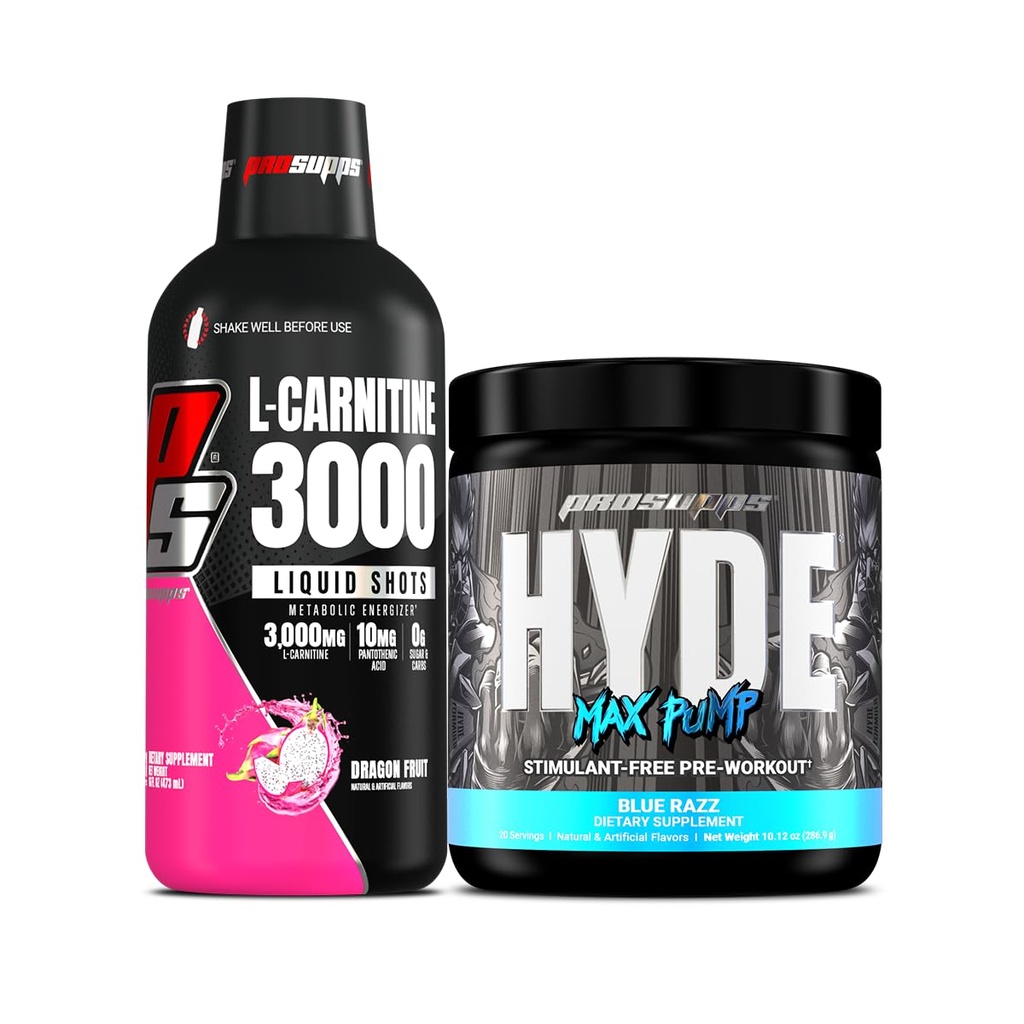PROSUPPS L-Carnitin 3000 Stimulant freie flüssige Schüsse (31 Servierungen, Drachenfrucht) und Hyde Max Pump Pre Workout für Männer und Frauen (20 Servierungen, Blauer Razz) Bundle