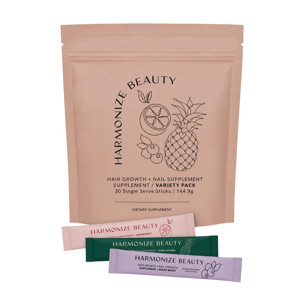 Harmonize Beauty Hair Growth Supplement for Women - Biotin, Collagen Peptides & Lustriva - Hair, Skin and Nails Vitamins - Variety Pack Grapefruit Pina Colada Mixed Berry - 30 Single Serve Sticks
