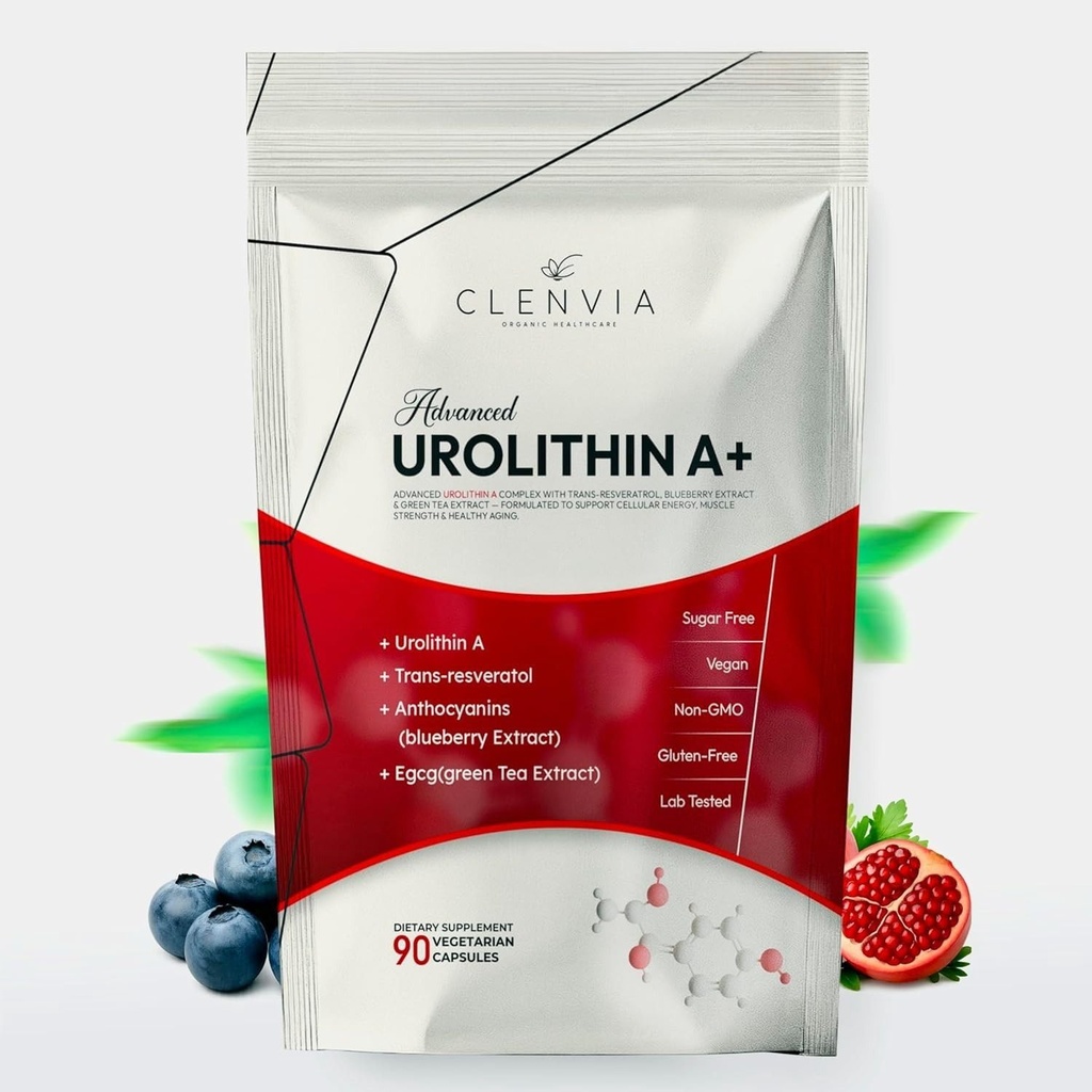 Urolithin A Supplement – Urolithin A+ with Trans-Resveratrol, Blueberry Extract & Green Tea EGCG – Cellular Energy, Muscle Strength & Healthy Aging – Vegan, Non-GMO, 90 Capsules