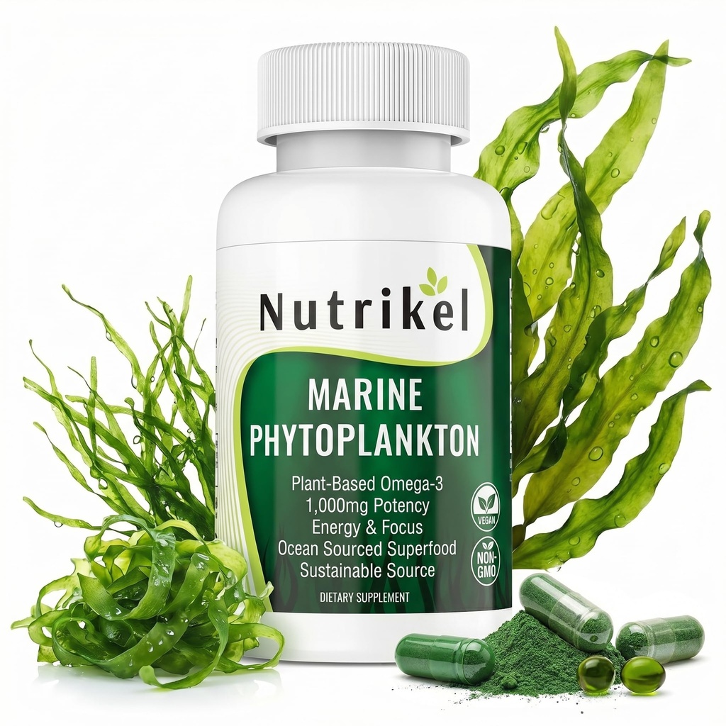 Marine Phytoplankton Omega 3 Supplement – Pflanzenbasierte Algenkapseln für Energie, Fokus und Zelluläre Unterstützung – Vegan Superfood für Gehirn, Herz & Haut Gesundheit – 1.000 mg – 60 Vegan Kapseln