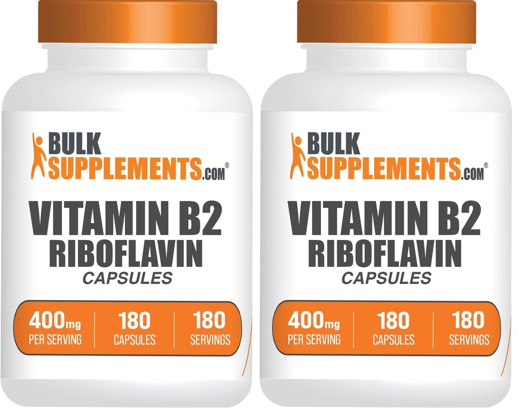 BulkSupplements.com Riboflavin Capsules - Vitamin B2 400 mg, Riboflavin 400mg - Essential B Vitamin, Gluten Free, 1 Capsule per Serving, 180 Capsules (Pack of 2)