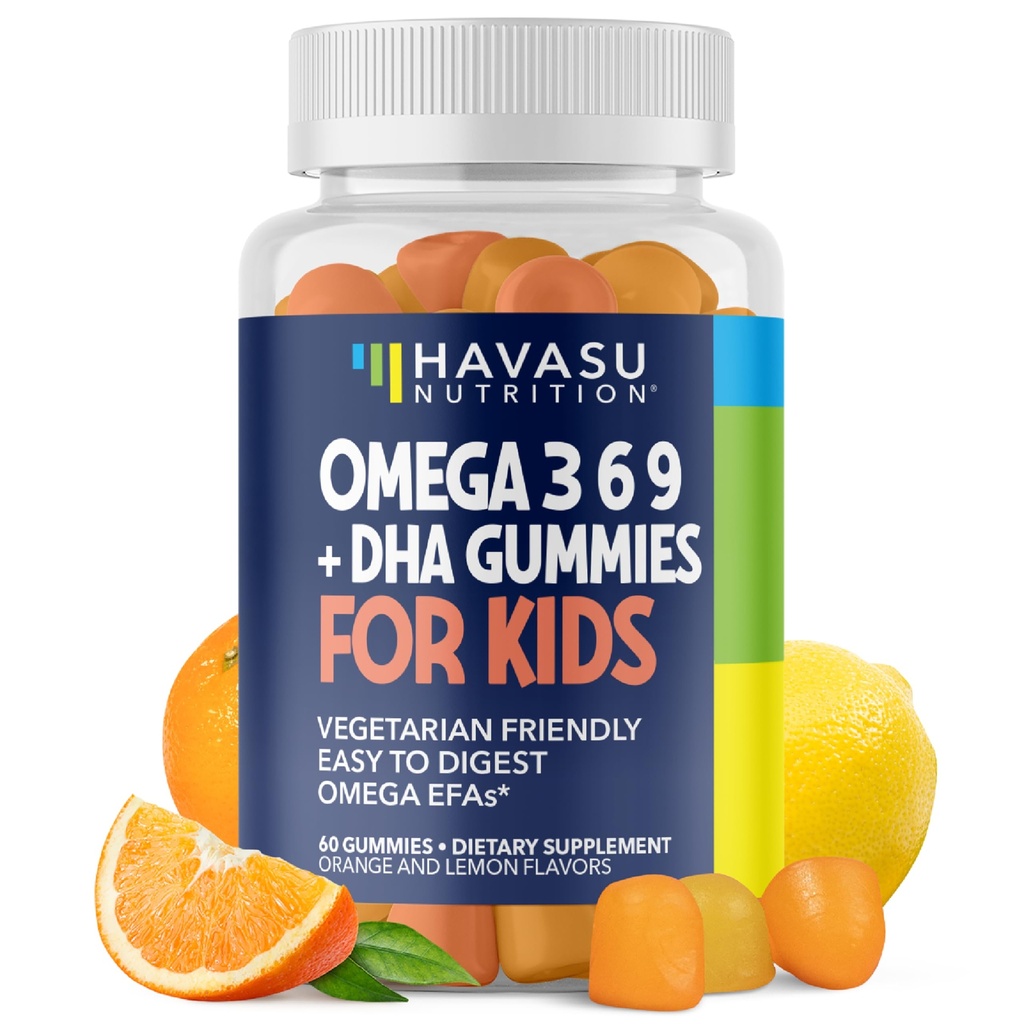 Omega 3 6 9 + DHA Gummie für Kinder - Vegetarisches, pflanzenbasiertes Fischöl mit DHA und EPA für Kinder 2+ zur Unterstützung von Körper- und Gehirnentwicklung - Kein Fischgeschmack - Zitronen- und Orangenflavoren - 60 Zähler