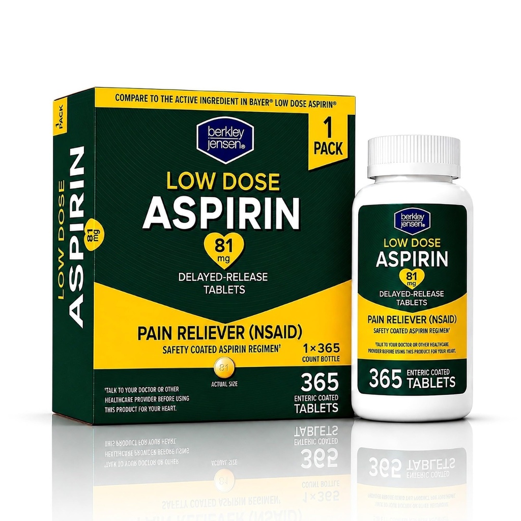 berkley jensen Aspirin 81mg Low Dose, Enteric Coated Tablets, NSAID Pain Reliever & Fever Reducer, for Minor Aches, Muscle Pain & Cramps. Safety Coated, Made in USA, 365 Count (Pack of 1)
