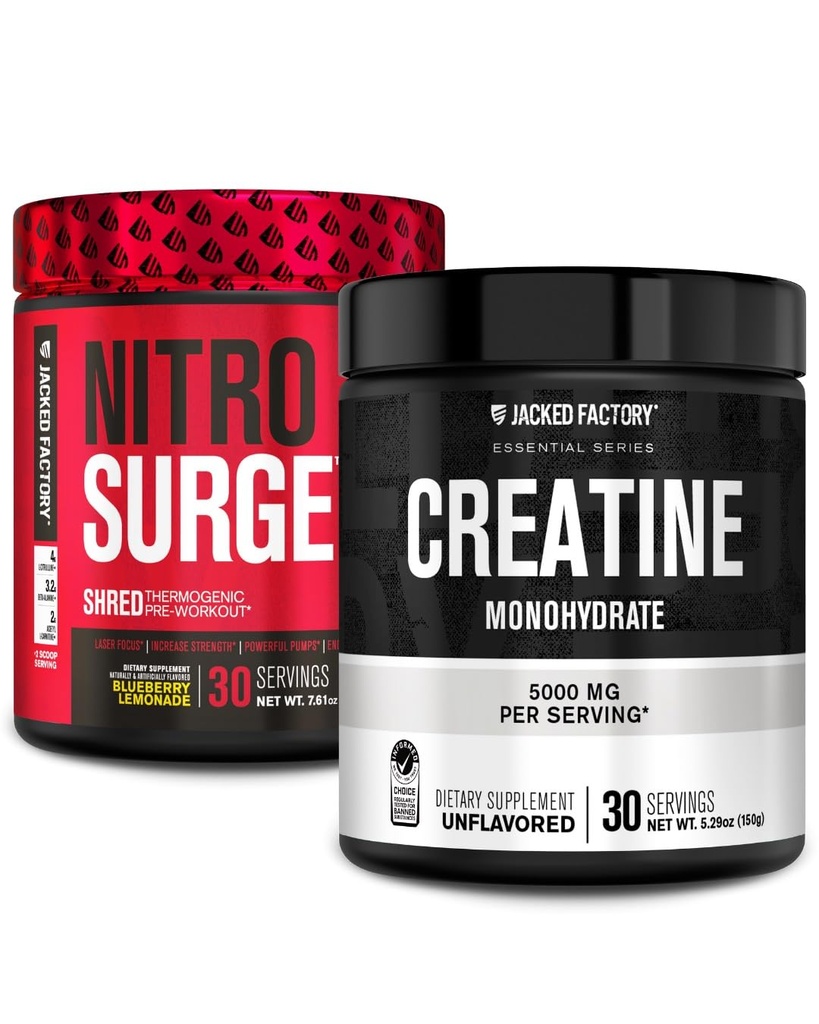 Jacked Factory NITROSURGE Shred Pre Workout Supplement (Blueberry Lemonade, 30 Servierungen) & Kreatin Monohydratpulver (Unflavored, 30 Servierungen)