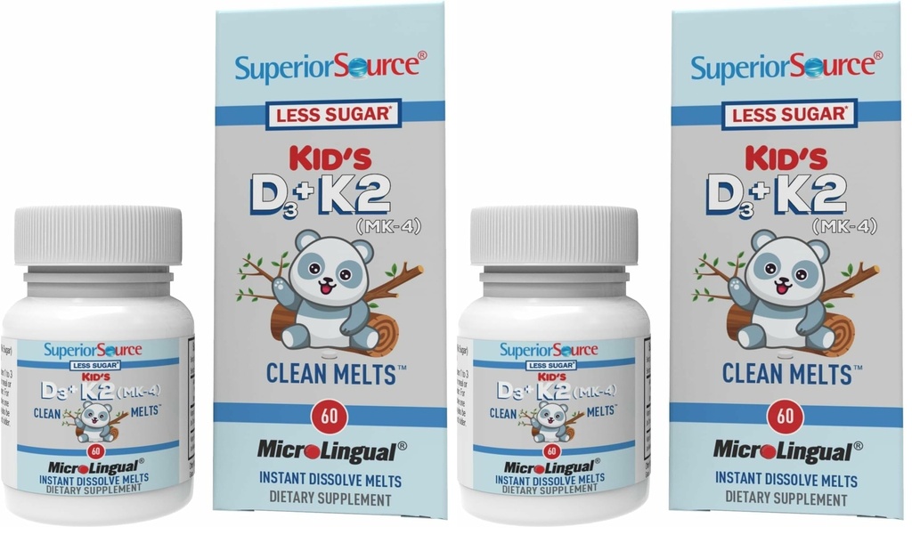 Superior Source Kid's D3 & K2 (MK-4) - Children's Multivitamin - Supports Immune System & Bone Health - Non-GMO, Preservative-Free & Dye-Free - 60 MicroLingual Instant-Dissolve Tablets (Pack of 2)