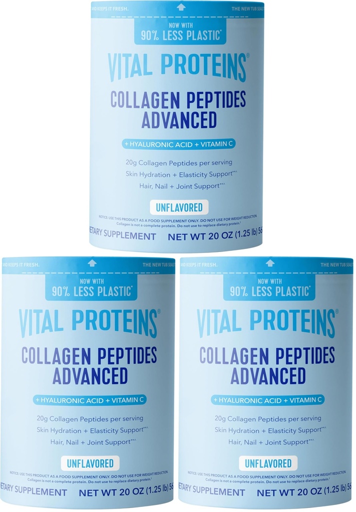 Vital Proteins Collagen Peptides Powder Advanced with Hyaluronic Acid & Vitamin C, 20oz Collagen Protein, Unflavored, 27 Servings (Pack of 3)