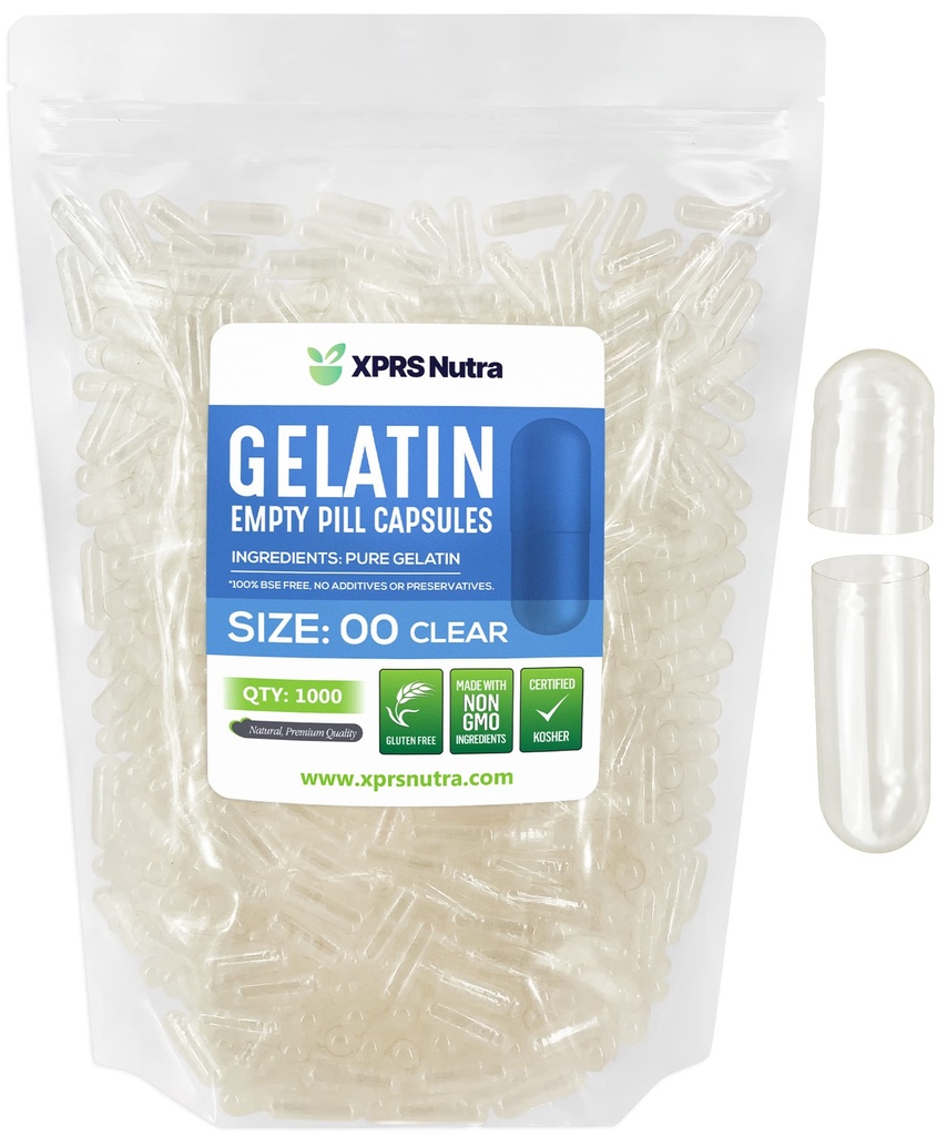 XPRS Nutra Größe 00 Leere Kapseln - 1000 Graf Leere Gelatine Kapseln - DIY Kapsel Füllung - Fillable Pill Gel Kapseln für Do-It-Yourself Ergänzungen (Clear)
