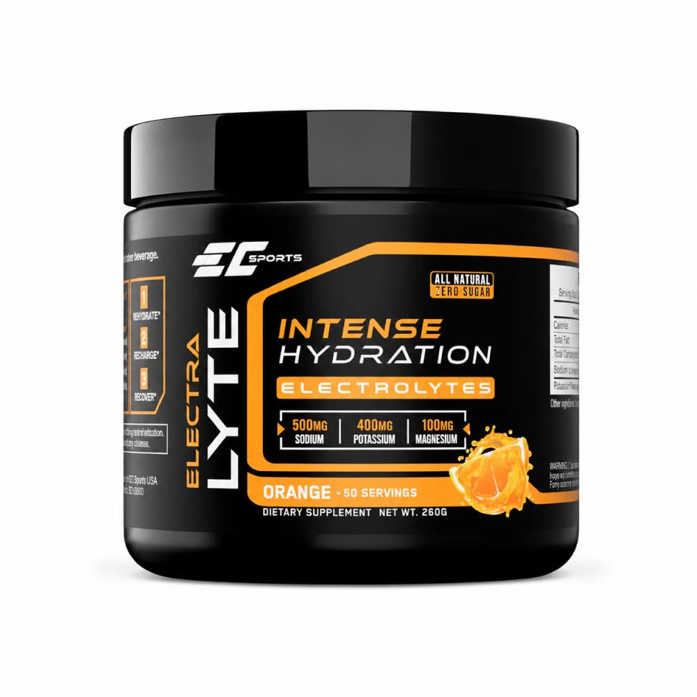 EC Sports ElectraLyte - Electrolyte Powder - Zero Sugar Electrolytes Drink Mix for Mineral Hydration - Real Fruit Extracts & Premium Electrolyte Powder - 50 Servings (500mg Sodium, Orange)