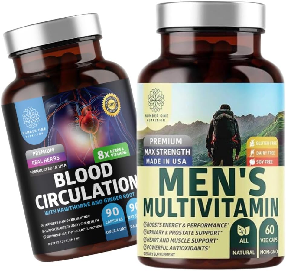 Number One Nutrition N1N Premium Men's Daily Multivitamin [Vitamines A C E D, Magnesium, Zink] und Blutzirkulationsergänzung [8 Leistungsfähige Kräuter & Vitamine], 2 Pack Bundle