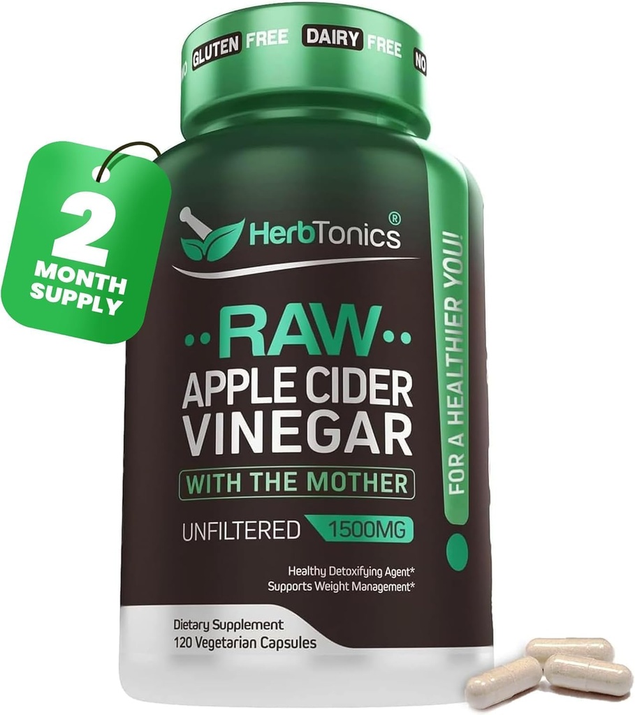 Herbtonics Apple Cider Vinegar Capsules 1500mg with Mother – Triple Strength Formula for Weight Loss | Detox & Sugar Control | Metabolic Support & Digestion – USA Brand – 120 Vegan Capsules