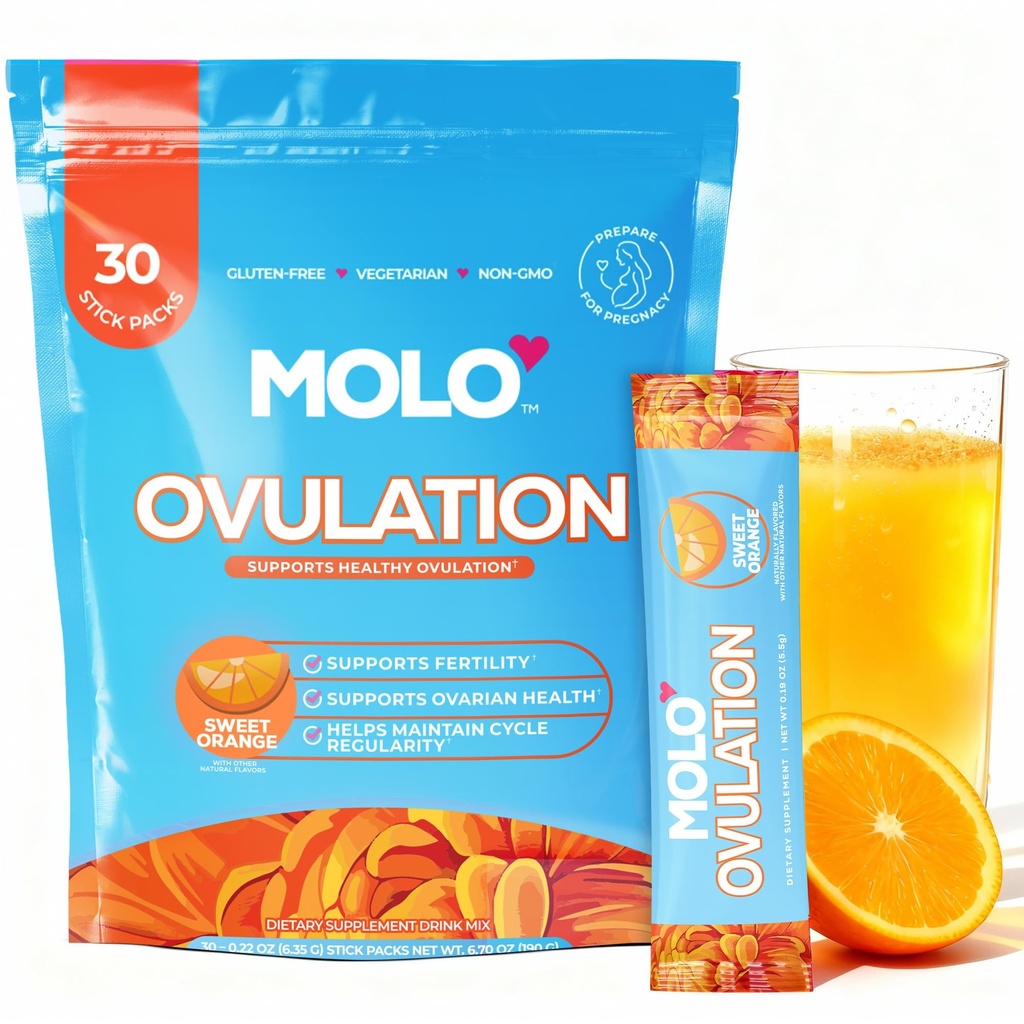 MOLO Ovulation Fertility Supplements for Women – Multivitamin Ovulation Support, Supports Cycle Regulation & Ovarian Health – 30 Stick Packs Sweet Orange Flavor – Gluten-Free & Non-GMO