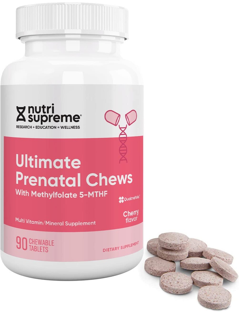 Nutri Supreme Prenatales Vitamin, Chewable Prenatal Vitamine für Frauen mit hochabsorbierbarem Methyl Folat, Komplette Prenatal Multivitamin mit Eisen, Kosher, Kirsche Flavor, 90 Count