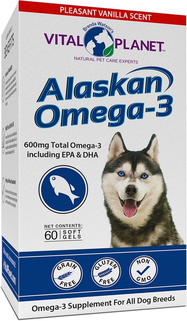 Vital Planet - Alaskan Omega-3 Fish Oil Supplement für Hunde mit 600mg Omega-3, High in DHA und EPA von Sustainable Harvested Wild Caught Cold Water Fish, 60 Vanilla Softgels