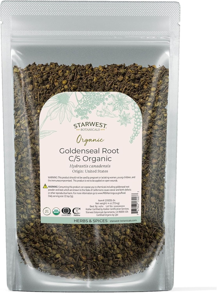Starwest Botanicals Organic Goldenseal Root - Getrocknete Blatt Kräuter für Tee, Kräuter-Mischungen, & Kochen, Reine & Natürliche Hydrastis Canadensis, Cut & Sifted, Zertifizierte Kosher, Non-GMO - 4 oz Pouch
