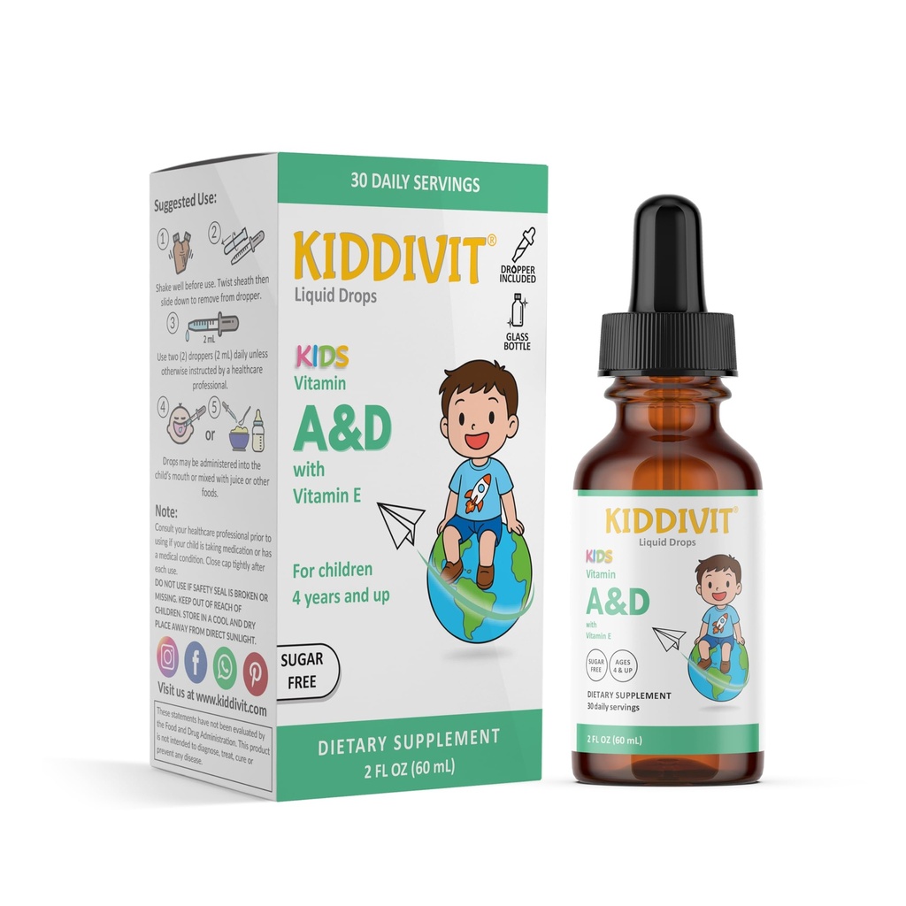 Vitamin A&D Kids Liquid Drops with Vitamin E – 30 Daily Servings, 2 FL OZ (60 mL) – Immune & Vision Support – Sugar Free, Gluten Free, Vegetarian