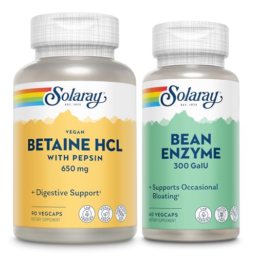 SOLARAY Vegan Betaine HCL w/Pepsin and Bean Enzyme - Digestive Health Bundle - Hydrochloric Acid Supplement and Alpha Galactosidase Digestive Enzymes for Gut Health Support, 60-Day Guarantee, 90/60ct