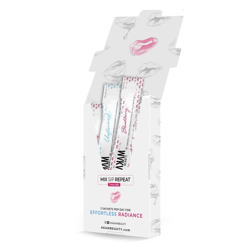 Marine Collagen Peptides Powder – Type I, II & III – 10 Mixed Flavor Sachets (Unflavored & Blushberry) – Premium Daily Support for Hair, Skin, Nails & Joints – Ingestible Beauty® by Akam