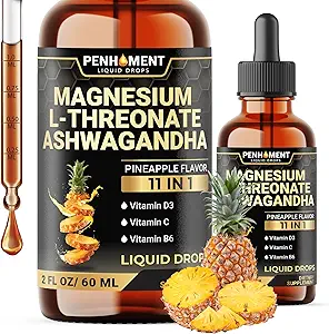 11in1 Magnesium L-Threonate Flüssigkeitstropfen mit Ashwagandha, Vitamin D3, Vitamin C, Vitamin B6 und 6 mehr - Gehirnunterstützung - Ananas Flavor - 2 FL OZ für Voll 2-Monat