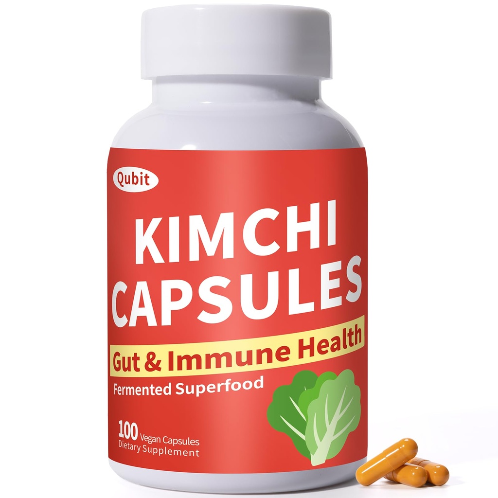 QUBIT Kimchi Capsules, Kimchi Supplement, Probiotics & Enzymes Supports Gut & Digestive Health, Taste Well, One Fermented Superfood for Antioxidant Support, 90 Vegan Capsules, Pills