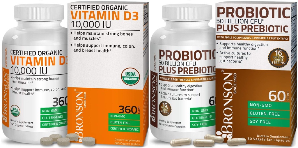 Bronson Probiotic 50 Billion CFU + Prebiotic with Apple Polyphenols & Pineapple Fruit Extract + High Potency Vitamin D3 10,000 IU