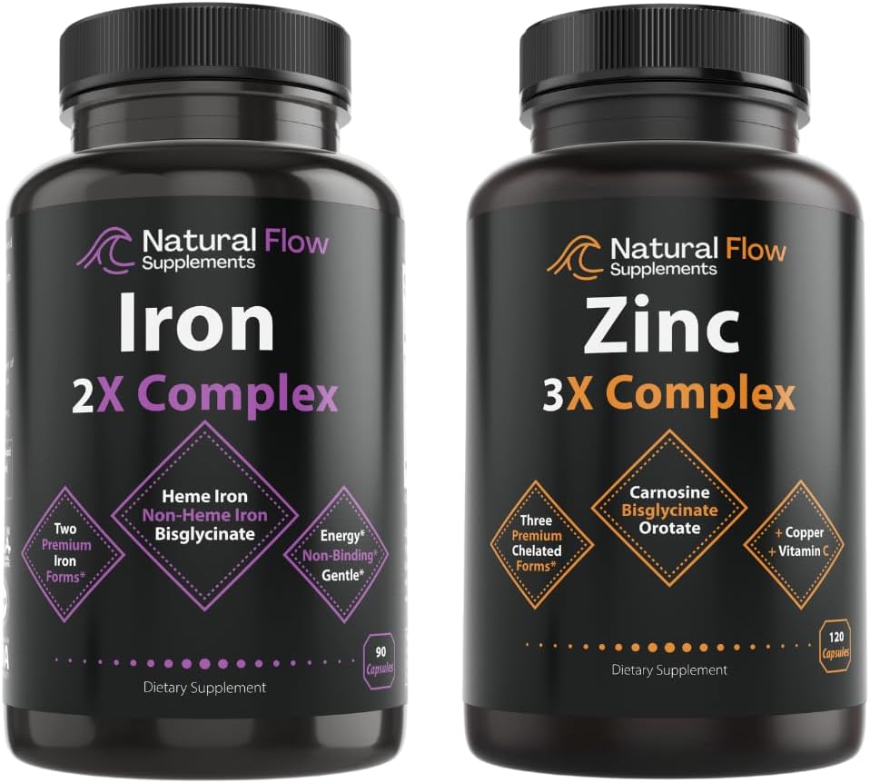 Zink-Ergänzungskomplex mit Kupfer und Vitamin C - Natural Flow 3X Zink Carnosin und Eisen-Ergänzung 2-in-1 Komplettkomplex - Natural Flow 2X Heme und Chelat Non Heme Eisen Bisglycinat