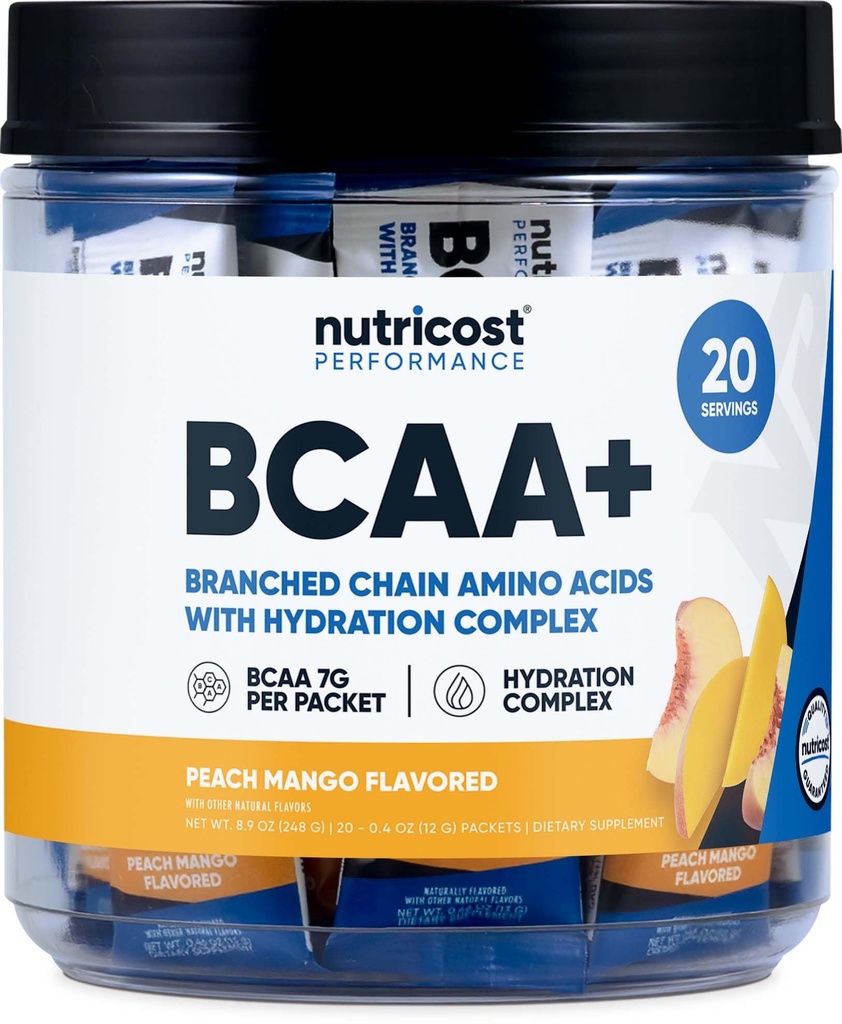 Nutricost BCAA+ Hydration Peach Mango Flavor (20 Stickpacks) - Verzweigte Kette Aminosäuren mit Hydration Complex - Glutenfrei, Non-GMO