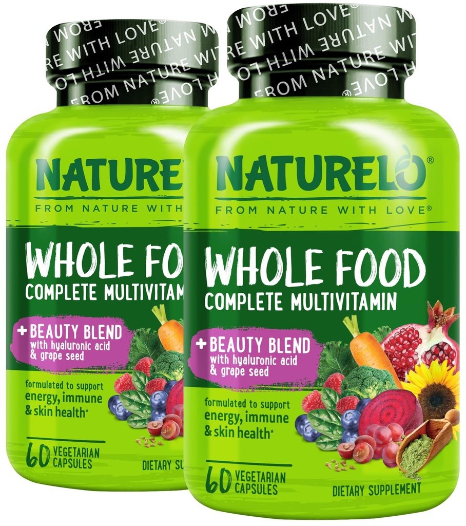 NATURELO Whole Food Multivitamin with Extra Hair, Skin & Nails Support - Beauty Blend with Hyaluronic Acid & Grape Seed - High Potency Biotin, Vitamin C, & Glutathione, 60 Vegan Capsules (Pack of 2)