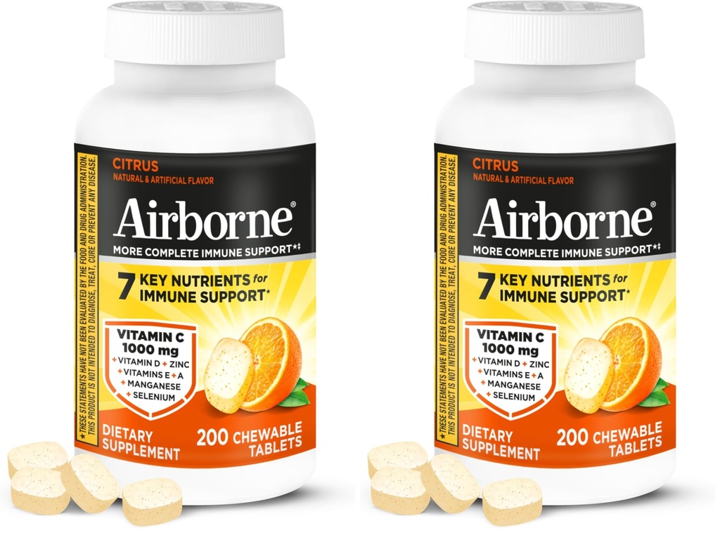 Airborne Citrus Chewable Tablets, 200ct | Immune Support Supplement with 1000mg Vitamin C + Vitamins A, D, E, Zinc, Selenium, & Manganese | Herbal Blend | Gluten Free (Pack of 2)