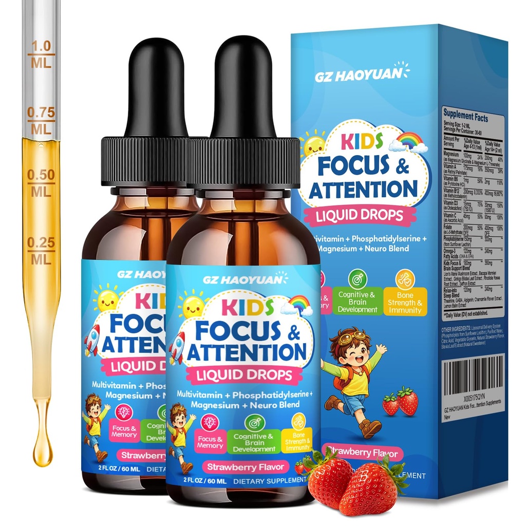 Kids Focus and Attention Supplements with Phosphatidylserine, Omega-3, Magnesium Glycinate, L-Theanine, Folate, Brain Vitamins Liquid Drops for Kids Memory, Cognitive, Sleep & Mood,Strawberry,4 Fl Oz