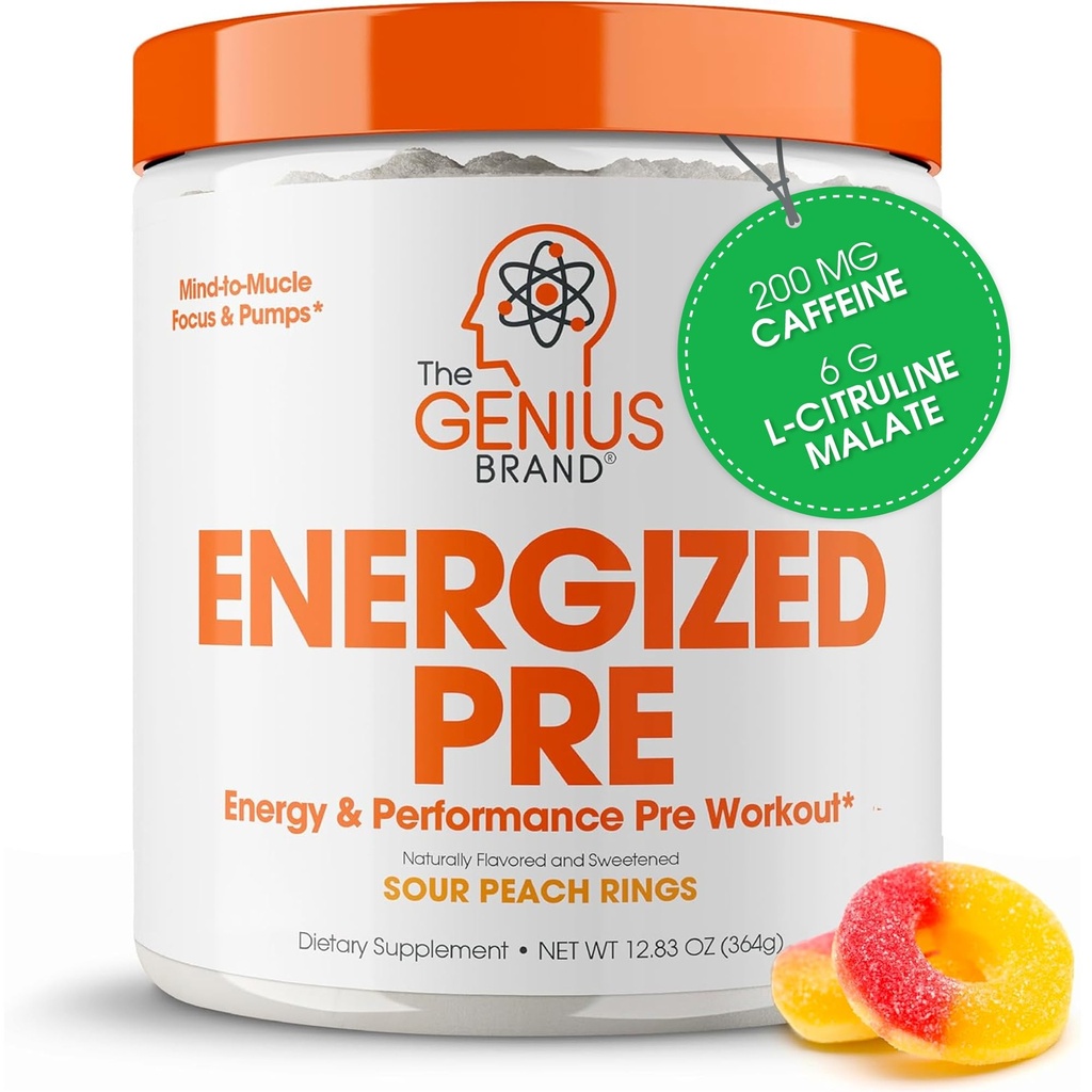 Genius Energized Pre Workout Powder – Koffein Infused Pre-Workout Booster Supplement mit Beta Alanine & Alpha GPC, keine künstlichen Süßungsmittel oder Farbstoffe - 200mg Koffein, 20 Portionen, Sauer Peach Ringe