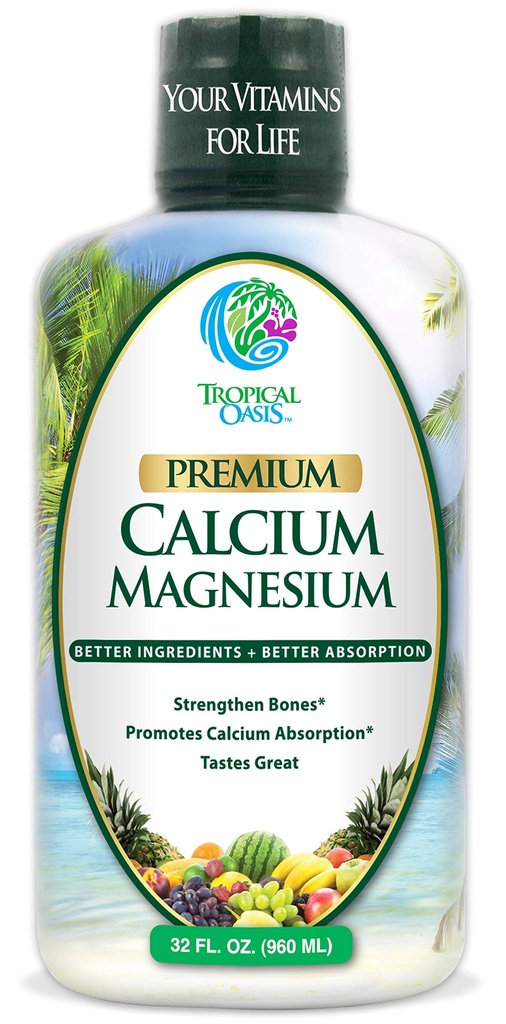 Tropical Oasis Liquid Calcium Magnesium - Natürliche Formel w/Support für starke Knochen - Flüssige Vitamine w/Calcium, Magnesium & Vitamin D - bis zu 96% Absorption durch den Körper. - 32oz, 64 Serv.