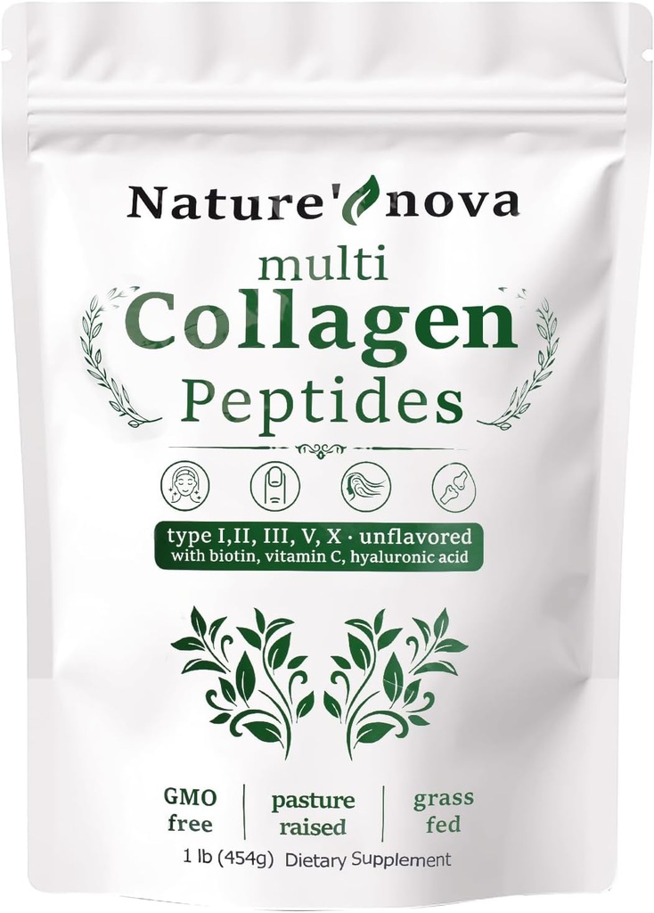 Nature's Nova Multi Collagen Peptides Powder - Typ I,II,III,V,X mit Biotin, Hyaluronsäure, Vitamin C - Entflammt, leicht aufgelöst, Non-GMO