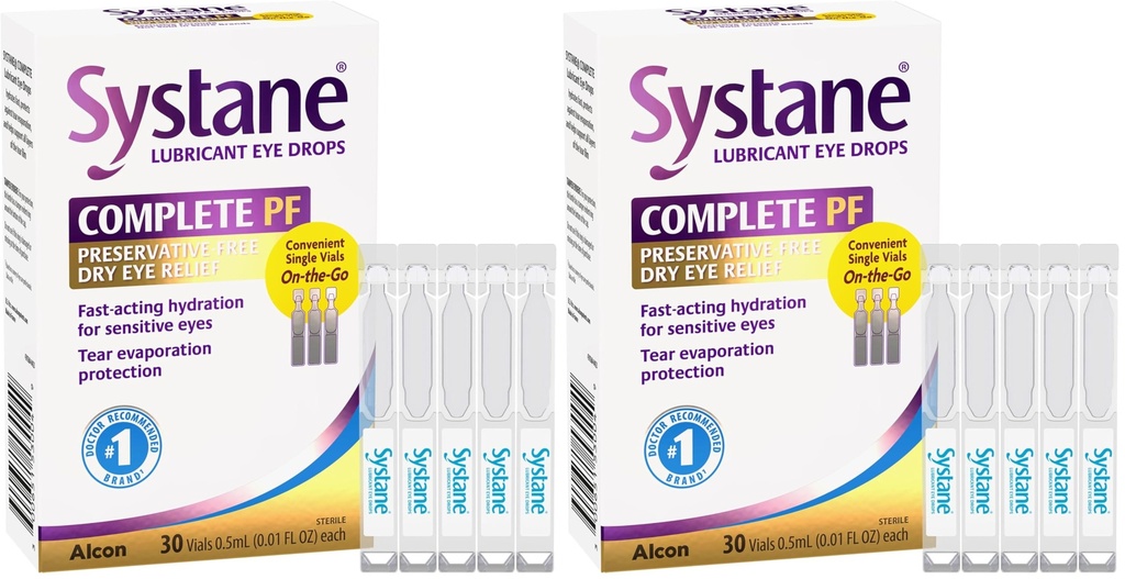 Systane Complete Preservative Free Dry Eye Drops, 30 Ct Single Use Vials, Contains Propylene Glycol 0.6%, Unit-Dose Lubricating Eye Drops for Irritation & Dryness, Hydrating & Soothing (Pack of 2)