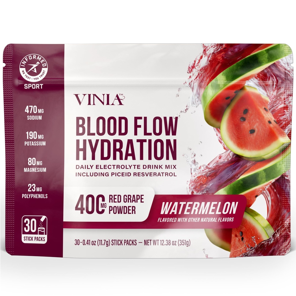 VINIA Blood Flow Electrolyte, Red Grape Piceid Resveratrol, 30 Stickpacks