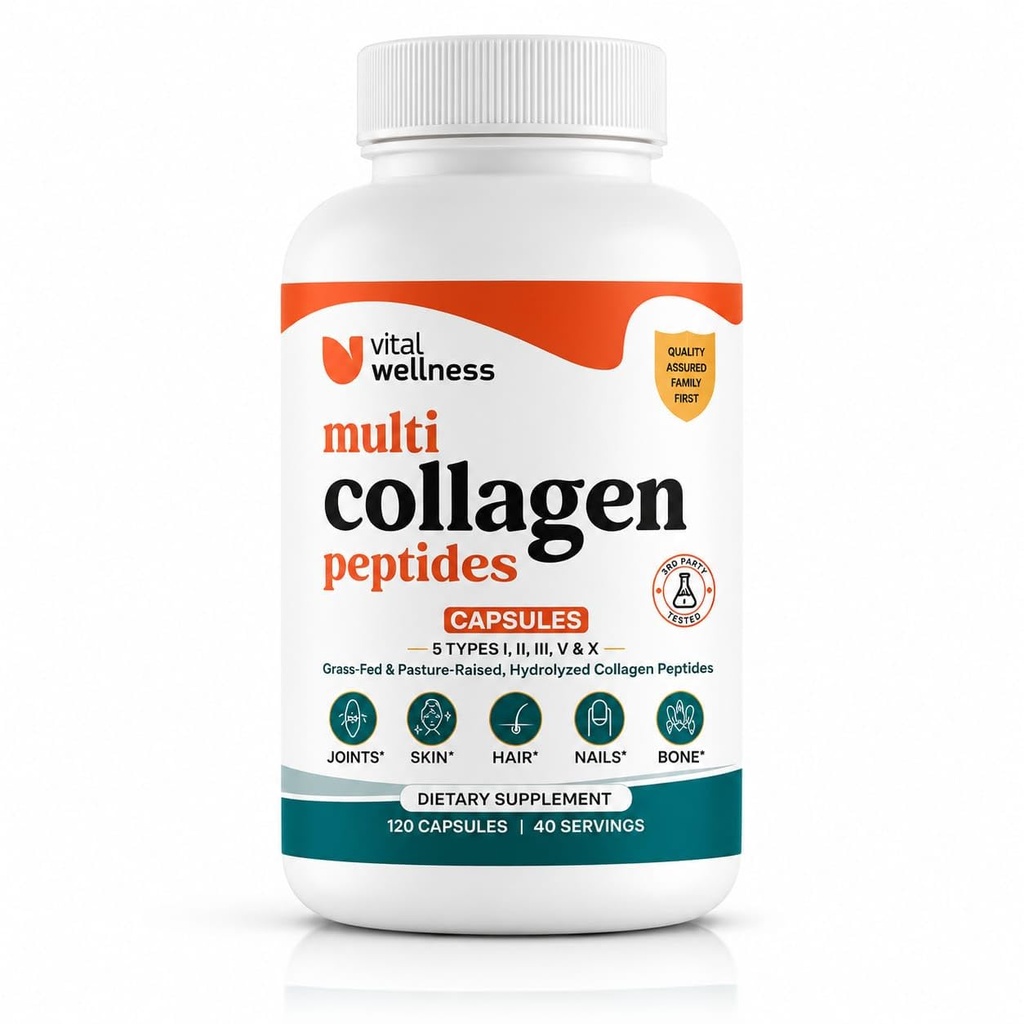 Multi Collagen Peptides Capsules 1500mg | 5-in-1 Blend (Types I, II, III, V, X) | Grass-Fed Hydrolyzed Collagen for Inner Mobility & Outer Glow | Non-GMO & Gluten-Free | 120 Capsules