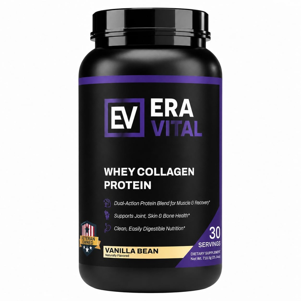 ERA Vital Whey Collagen Protein Powder Vanilla Bean – 17G Whey Protein + 5G Collagen Low Carb Protein Supplement for Muscle Recovery Joint & Skin Support 30 Servings 718.5 gm (25.34oz)