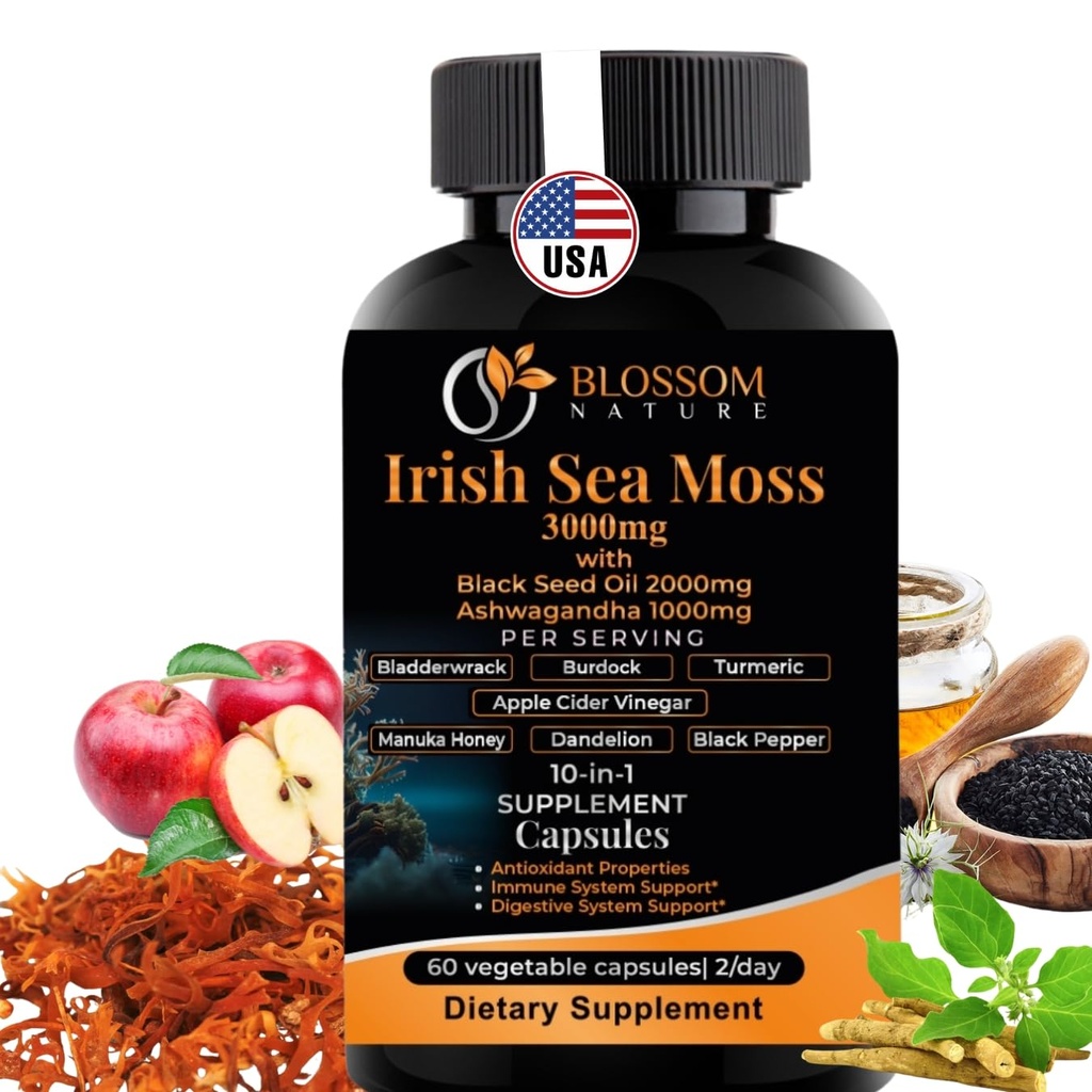 10-in-1 Irish Sea Moss Veggie Caps 3000mg Black Seed Oil Ashwagandha Bladderwrack Burdock Turmeric Apple Cider Essig Manuka Honey Dandelion Black Pepper - Made in US(Veggie Caps, Unflavored)