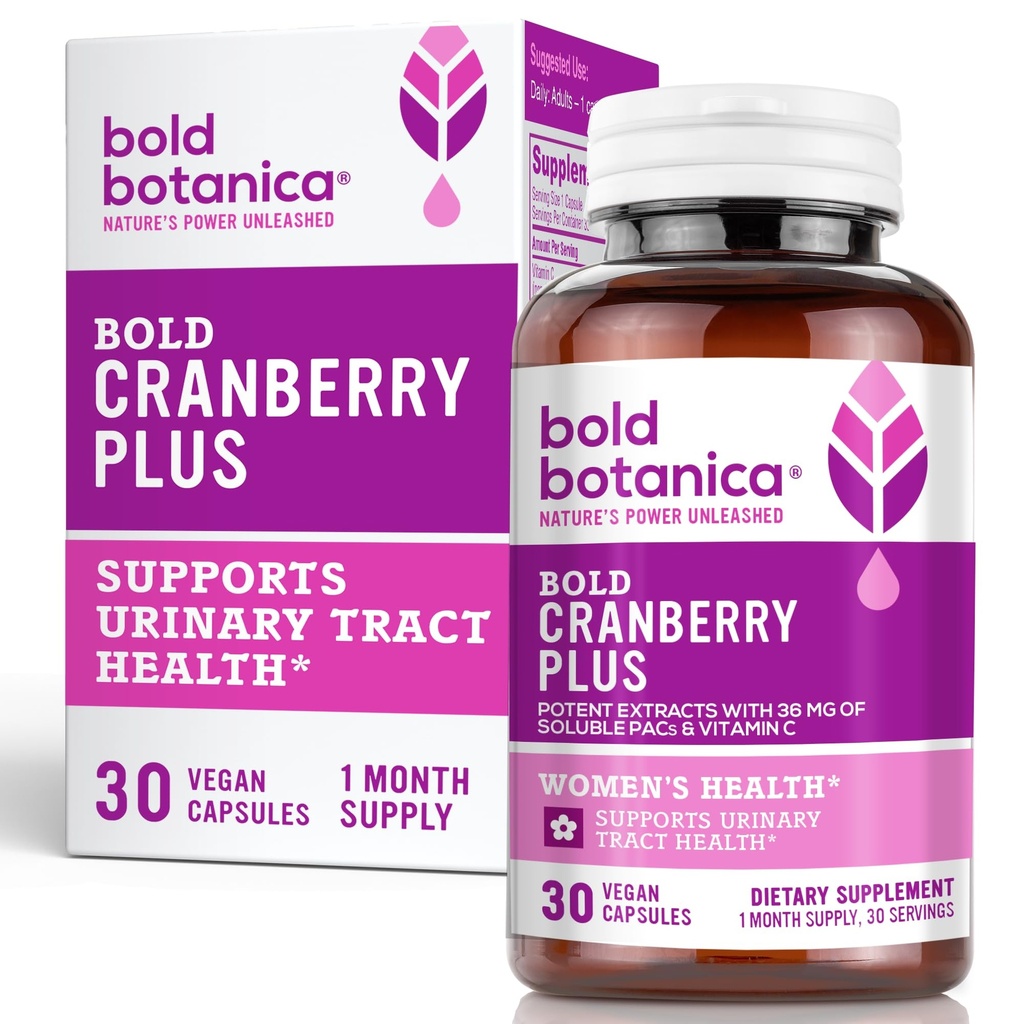 Bold Cranberry Plus Extract - 100% Soluble 36mg PACs - Cranberry Supplement for Women & Men with Urinary Tract Support, Non-GMO Vitamin C — 1 Caps = 1 Glass Juice — 30 Vegan Capsules, 1 Month Supply