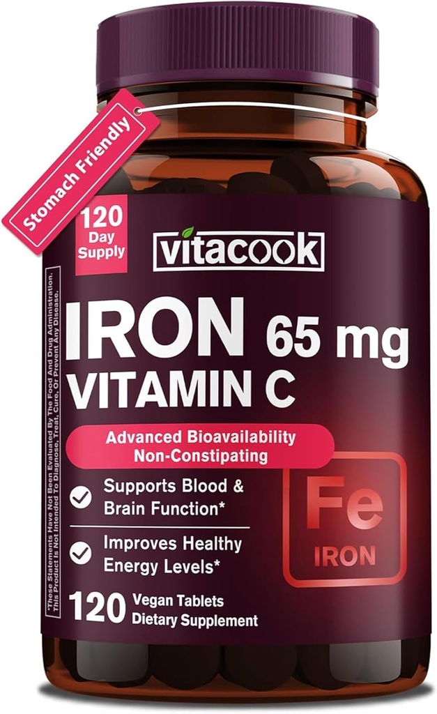 Eisen-Ergänzung für Frauen Männer, hohe Potenz Eisen 65mg mit Vitamin C 250mg, Stomach freundliche Eisen Pillen für rote Blutzelle & Immununterstützung, Non-GMO & Gluten Free, 120 Vegan Tabletten
