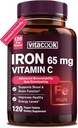 Eisen-Ergänzung für Frauen Männer, hohe Potenz Eisen 65mg mit Vitamin C 250mg, Stomach freundliche Eisen Pillen für rote Blutzelle & Immununterstützung, Non-GMO & Gluten Free, 120 Vegan Tabletten