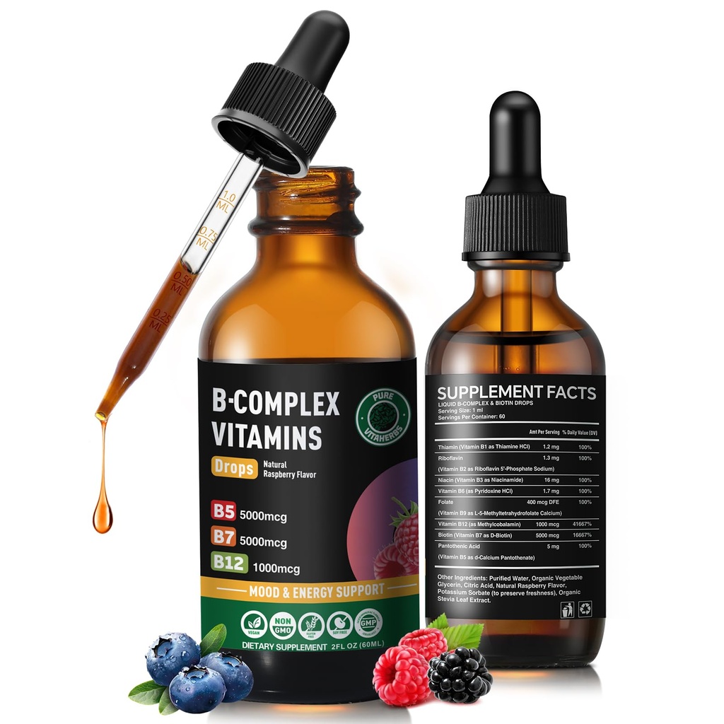 Vitamin B12 and B6 Liquid Drops, B Complex with Methylcobalamin, Biotin, Methylfolate, B1, B2, B3 & B5, Raspberry Flavor Sublingual Vitamin B Supplement for Daily Energy Metabolism Support