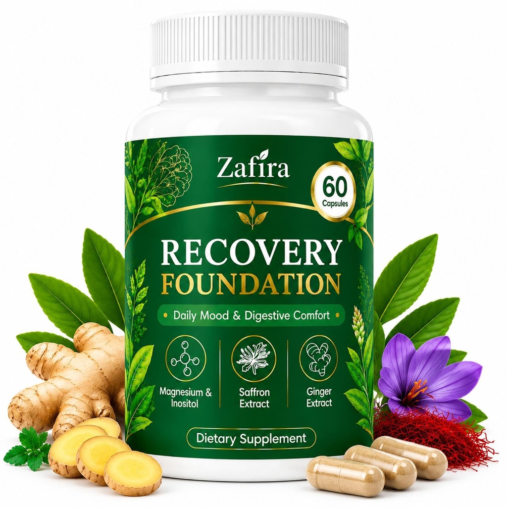 Zafira Organics Saffron Supplements, Zafira Recovery Foundation Capsules for Daily Wellness Support & Digestive Comfort with Saffron Extract, Magnesium Bisglycinate, Ginger, Zinc, Vitamin D3 & B12