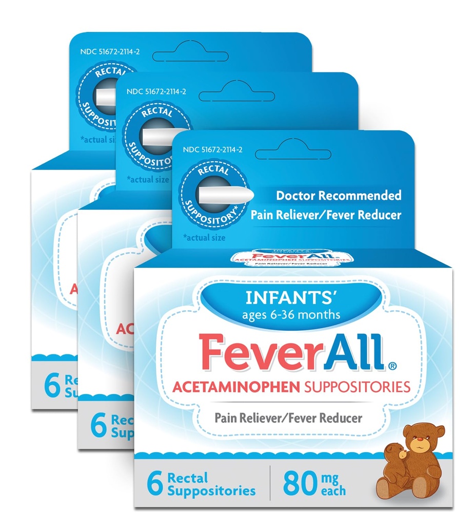 Feverall Infant Acetaminophen Suppositories 6 Rectal Suppositories 80mg Each Pain Reliever/Fever Reducer. Paraben Free, No Artificial Colors or Other preservatives. Ages 6-36 Months (Pack of 3)