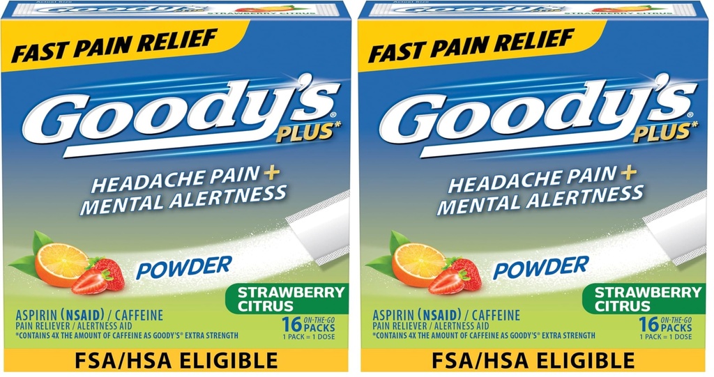 Goody's Headache Relief Plus Mental Alertness Powder, with Aspirin and Caffeine, Strawberry Citrus Flavor, 16 Count (Pack of 2)